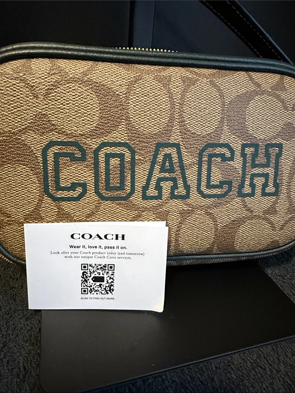 Coach Mini Shoulder Bag in Tan Signature Canvas with Black Trim